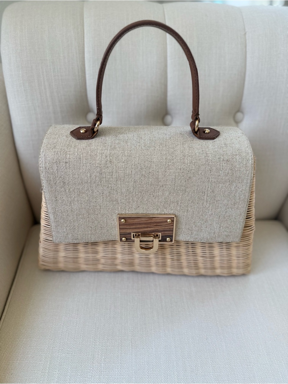 Woven Straw Satchel with Beige Linen Flap and Brown Handle
